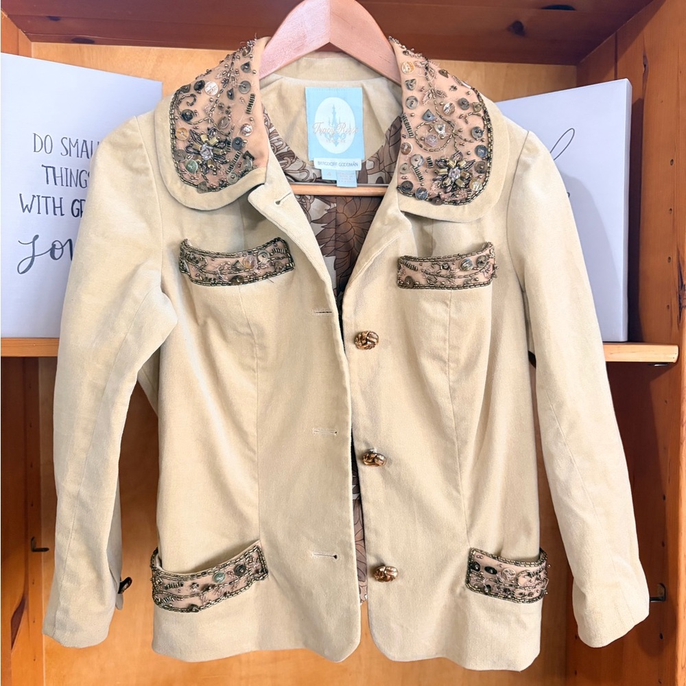 Tracy Reese Bergdof Goodman Vintage Y2k Suede Beaded Blazer In beige Size 4